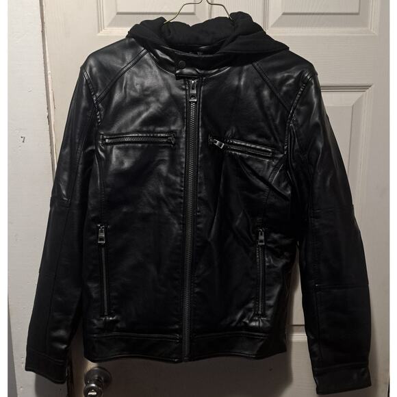 Men's Faux Leather Motorcycle Jacket With Detachable Hood Black Size Large - Picture 6 of 14